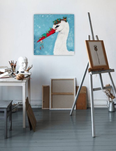 Obraz ręcznie malowany na płótnie Bocian i żaby