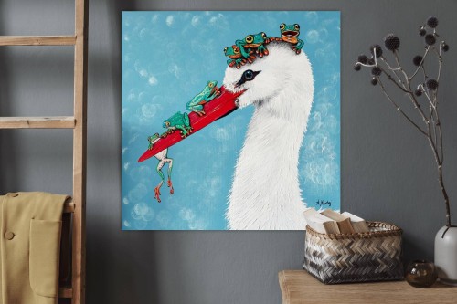 Obraz ręcznie malowany na płótnie Bocian i żaby