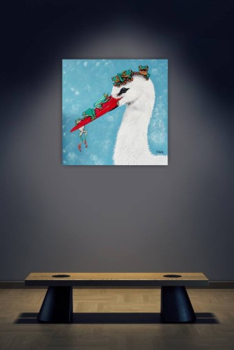 Obraz ręcznie malowany na płótnie Bocian i żaby