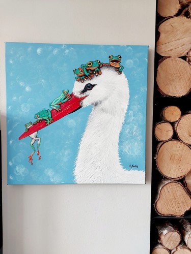 Obraz ręcznie malowany na płótnie Bocian i żaby