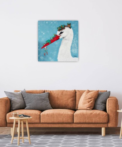 Obraz ręcznie malowany na płótnie Bocian i żaby