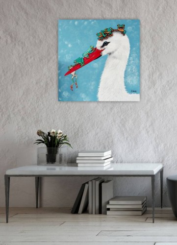 Obraz ręcznie malowany na płótnie Bocian i żaby