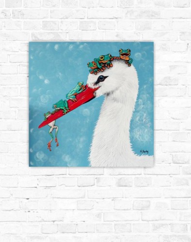 Obraz ręcznie malowany na płótnie Bocian i żaby