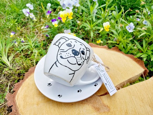 Wyjątkowa, ręcznie malowana filiżanka pies staffik.
