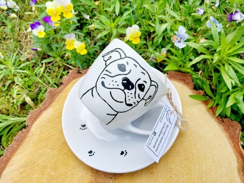 Wyjątkowa, ręcznie malowana filiżanka pies staffik.