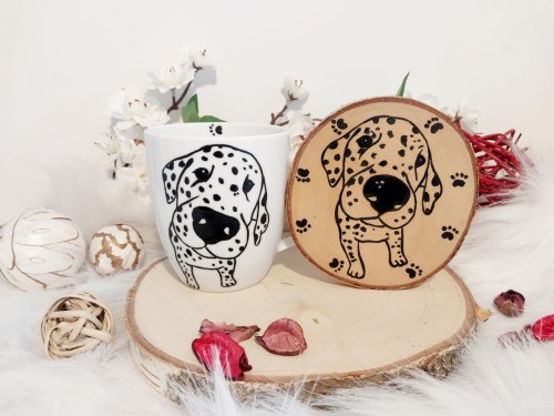 Wyjątkowy, ręcznie malowany kubek Dalmatyńczyk + podkładka.