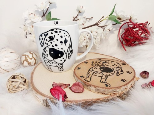 Wyjątkowy, ręcznie malowany kubek Dalmatyńczyk + podkładka.