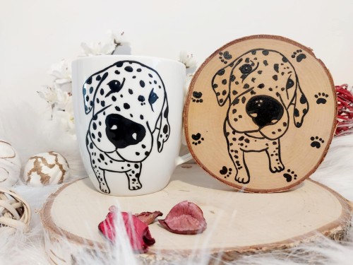 Wyjątkowy, ręcznie malowany kubek Dalmatyńczyk + podkładka.
