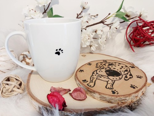 Wyjątkowy, ręcznie malowany kubek Dalmatyńczyk + podkładka.