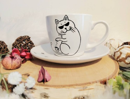 Unikatowa filiżanka ręcznie malowana Kotek i kawka
