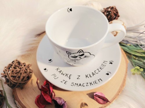 Unikatowa filiżanka ręcznie malowana Kotek i kawka