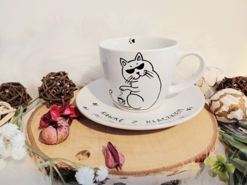 Unikatowa filiżanka ręcznie malowana Kotek i kawka