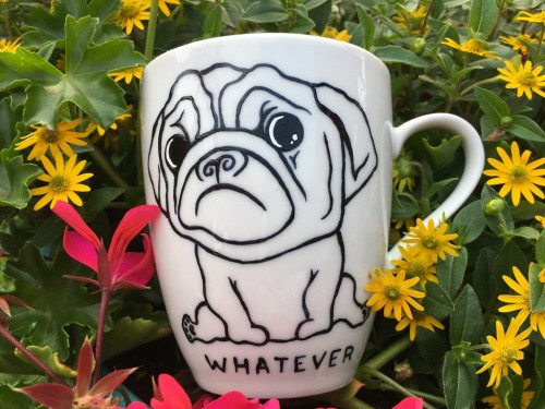 Unikatowy Kubek ręcznie malowany Smutny mopsik