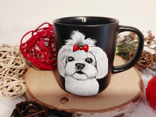 Wyjątkowy, ręcznie malowany kubek pies maltańczyk