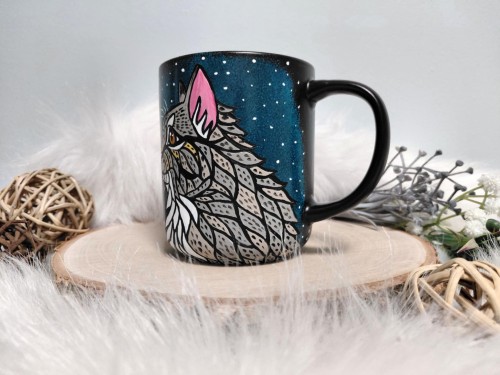 Wyjątkowy, ręcznie malowany kubek kot mandala szary