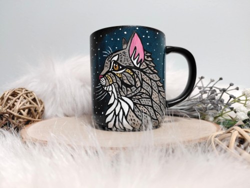 Wyjątkowy, ręcznie malowany kubek kot mandala szary