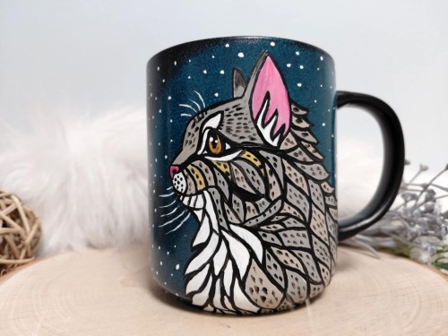 Wyjątkowy, ręcznie malowany kubek kot mandala szary