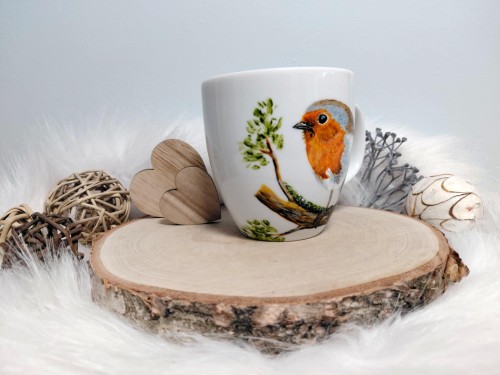 Wyjątkowy, ręcznie malowany kubek Ptak Rudzik