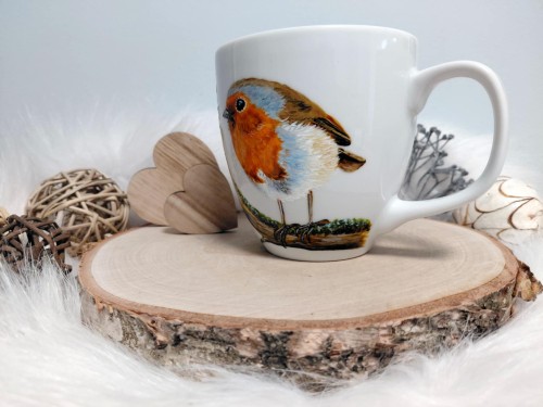 Wyjątkowy, ręcznie malowany kubek Ptak Rudzik