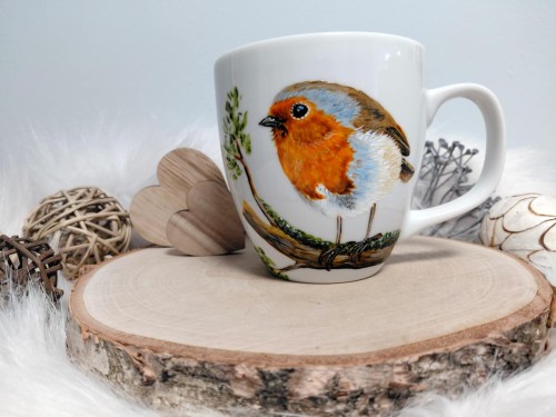 Kubek ręcznie malowany ptak Rudzik