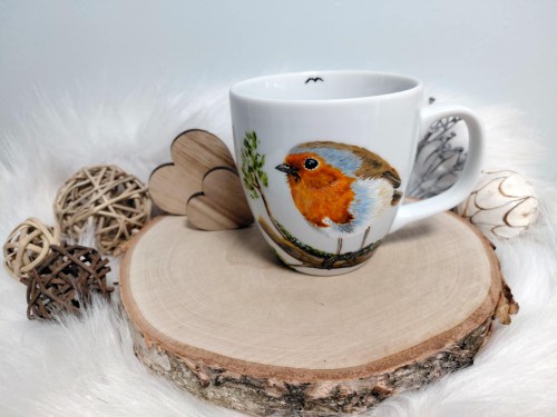 Wyjątkowy, ręcznie malowany kubek Ptak Rudzik