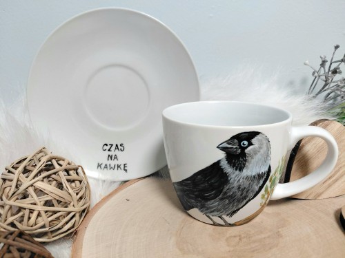 Wyjątkowa, ręcznie malowana filiżanka ptak Kawka