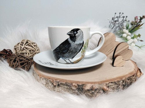 Wyjątkowa, ręcznie malowana filiżanka ptak Kawka