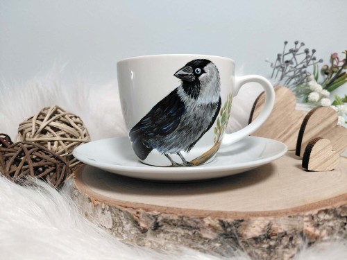 Wyjątkowa, ręcznie malowana filiżanka ptak Kawka