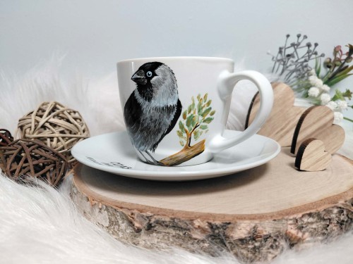 Wyjątkowa, ręcznie malowana filiżanka ptak Kawka