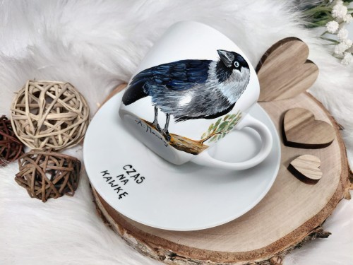 Wyjątkowa, ręcznie malowana filiżanka ptak Kawka