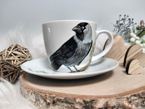 Wyjątkowa, ręcznie malowana filiżanka ptak Kawka