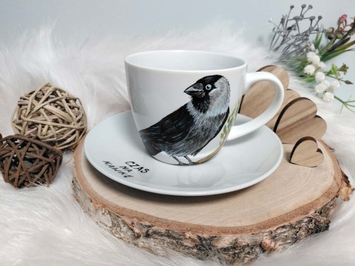 Wyjątkowa, ręcznie malowana filiżanka ptak Kawka