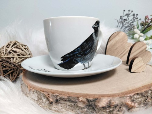Wyjątkowa, ręcznie malowana filiżanka ptak Kawka
