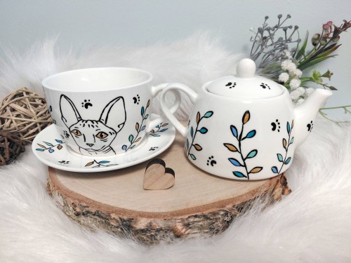 Wyjątkowy zestaw ręcznie malowany zestaw filiżanka i imbryk kot sfinks