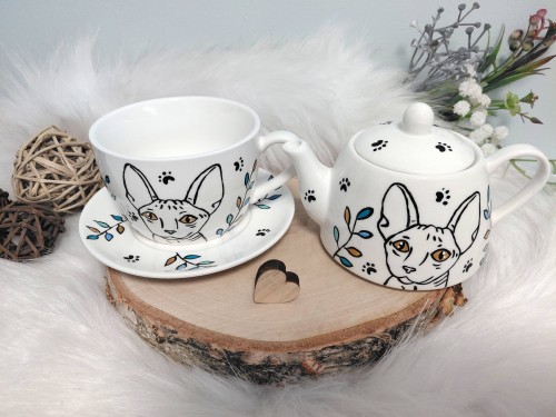 Wyjątkowy zestaw ręcznie malowany zestaw filiżanka i imbryk kot sfinks