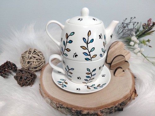 Wyjątkowy zestaw ręcznie malowany zestaw filiżanka i imbryk kot sfinks