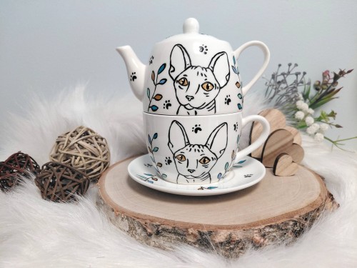 Wyjątkowy zestaw ręcznie malowany zestaw filiżanka i imbryk kot sfinks