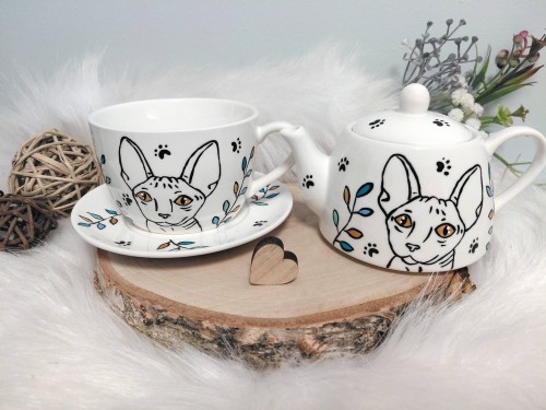 Wyjątkowy zestaw ręcznie malowany zestaw filiżanka i imbryk kot sfinks