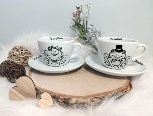 Wyjątkowe filiżanki ręcznie malowane na ślub żabki.