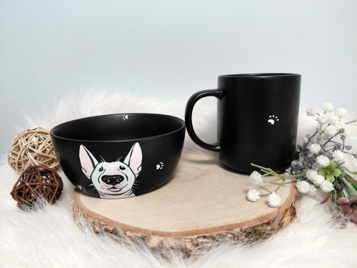 Wyjątkowy zestawy śniadaniowy ręcznie malowany Bulterier.