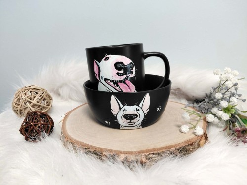 Wyjątkowy zestawy śniadaniowy ręcznie malowany Bulterier.