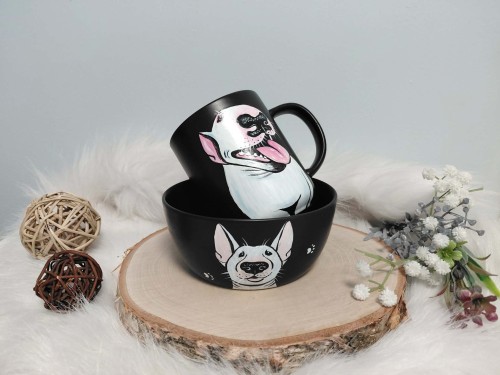 Wyjątkowy zestawy śniadaniowy ręcznie malowany Bulterier.