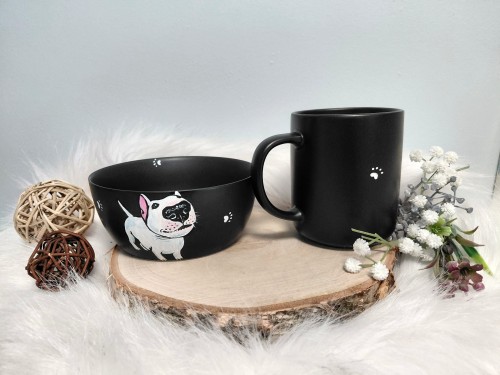 Wyjątkowy zestawy śniadaniowy ręcznie malowany Bulterier.