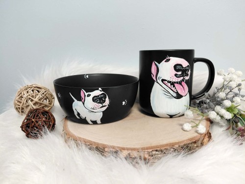 Wyjątkowy zestawy śniadaniowy ręcznie malowany Bulterier.