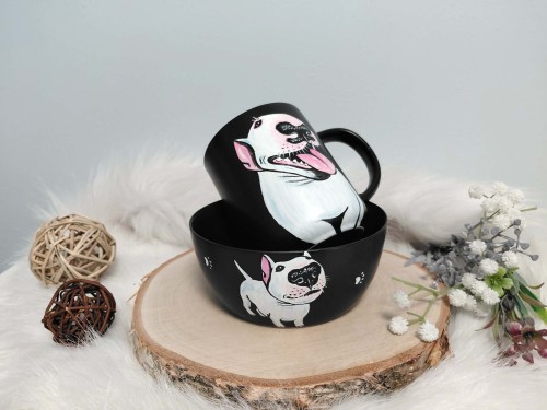 Wyjątkowy zestawy śniadaniowy ręcznie malowany Bulterier.