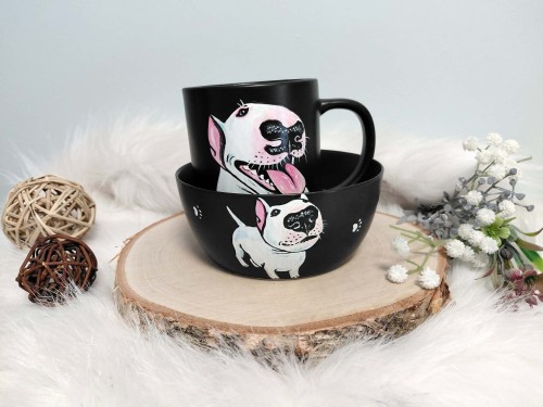 Wyjątkowy zestawy śniadaniowy ręcznie malowany Bulterier.