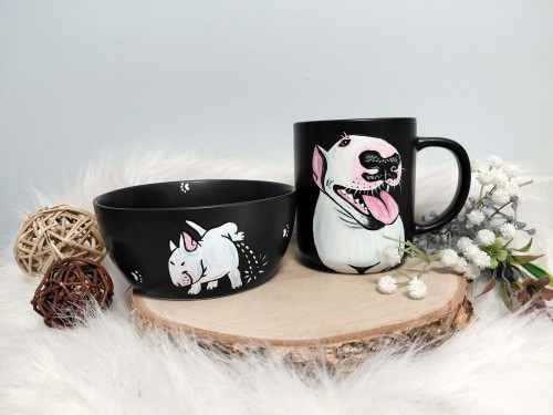 Wyjątkowy zestawy śniadaniowy ręcznie malowany Bulterier.