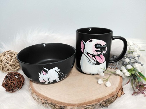 Wyjątkowy zestawy śniadaniowy ręcznie malowany Bulterier.