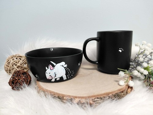 Wyjątkowy zestawy śniadaniowy ręcznie malowany Bulterier.