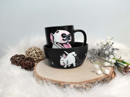 Wyjątkowy zestawy śniadaniowy ręcznie malowany Bulterier.